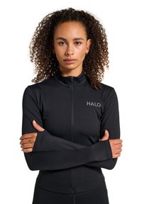 Svart zip-up långärmad tröja gjord av stretchmaterial, med en mock neck och "HALO"-logotyp på vänster bröst. Slät yta och åtsittande design.