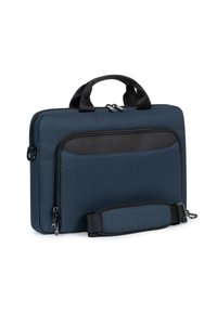 Marineblauwe laptoptas met een gladde stof buitenkant, zwarte accenten, bovenhandvatten en een afneembare schouderband. Voorzien van een voorvak met rits.