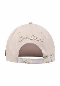 Beige Kappe mit gesticktem Logo, glattem Stoff, gebogenem Schirm und floral gemustertem Riemen auf der Rückseite. Lässt sich mit einem Kunststoffverschluss verstellen.