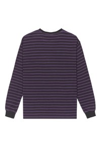 Langarmshirt met paarse en zwarte horizontale strepen, ronde halslijn en contrasterende zwarte manchetten. Zachte stoftextuur.