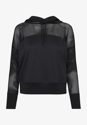 Felpa nera con cappuccio, con sovrapposizione in rete, maniche lunghe e vestibilità comoda. Presenta un cappuccio con cordino e orlo a coste per una maggiore consistenza.