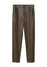 Pantalon en simili cuir vert olive avec une coupe slim, taille mi-haute, et un style classique à cinq poches. Texture lisse avec une finition brillante.