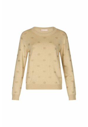 Maglione beige con maniche lunghe, scollatura rotonda e motivo logo in rilievo su tutta la superficie. Tessuto a maglia con polsini e orlo a coste.