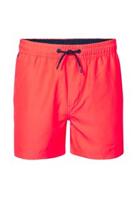 Bañador rojo brillante con cordón azul marino, cintura elástica y una tela suave y ligera. Presenta bolsillos laterales y un diseño minimalista.