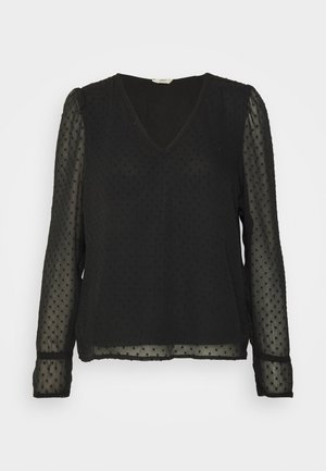 Zwarte blouse met een V-hals, voorzien van doorschijnende, opgeblazen mouwen en getextureerde stippen op het hoofdgedeelte. Zachte, lichte stof.