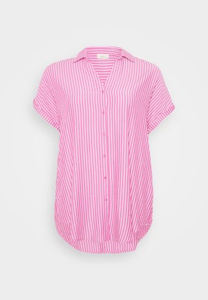 Chemise à manches courtes rose et blanche à rayures, avec un col et un ourlet arrondi. Tissu doux avec un design décontracté et fluide.