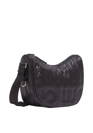 Borsa a tracolla nera a forma di mezzaluna con tracolla regolabile, con logo "LIU JO" ripetuto in rilievo e chiusura superiore con zip.