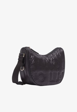 Borsa a tracolla nera a forma di mezzaluna con tracolla regolabile, con logo "LIU JO" ripetuto in rilievo e chiusura superiore con zip.