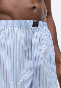 Nahbilde en person som har på seg lyseblå bokser-shorts med tynne vertikale striper og en svart etikett nær den elastiske midjebandet.