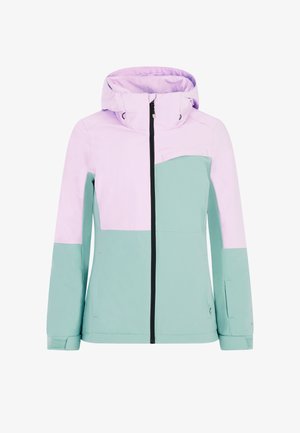 Barevně blokovaná bunda s fialovým horním dílem a mátově zeleným dolním dílem, vyrobená z hladkého syntetického materiálu se zipovým uzávěrem.
