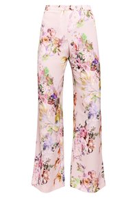 Bloemen wijde taillebroek in zachtroze stof, met levendige paarse, gele en groene patronen. Soepele textuur met een op maat gemaakte pasvorm.