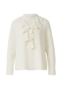 Kremowa bluzka z falbaną przy kołnierzyku i guzikiem na przedzie. Długie rękawy zakończone guzikami. Lekki, gładki materiał o subtelnym połysku.