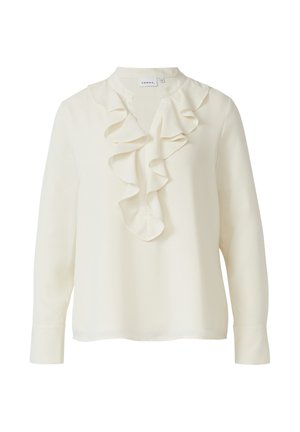Kremowa bluzka z falbaną przy kołnierzyku i guzikiem na przedzie. Długie rękawy zakończone guzikami. Lekki, gładki materiał o subtelnym połysku.