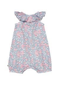 Květinový overal v světle modré barvě s růžovými a námořnickými květinovými vzory. Má volány kolem výstřihu a nařasené otvory pro nohy pro volný střih.