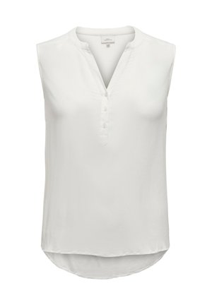Blouse blanche sans manches avec un col en V et un plastron à cinq boutons. Présente un ourlet légèrement arrondi et un tissu lisse et texturé.