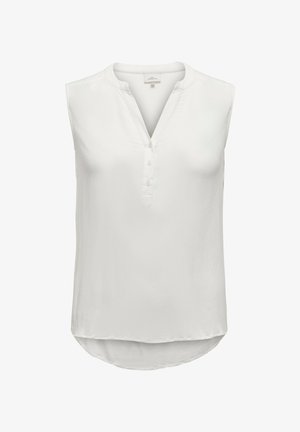 Blouse blanche sans manches avec un col en V et un plastron à cinq boutons. Présente un ourlet légèrement arrondi et un tissu lisse et texturé.