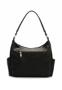 Sac à bandoulière en cuir noir avec une forme incurvée, fermeture éclair argentée et poche latérale. Il est doté d'une bandoulière robuste et d'une texture lisse.