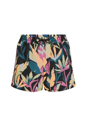 Farverige badeshorts med et all-over bladmønster i nuancer af grøn, pink, orange og sort, med elastisk talje og snøre.