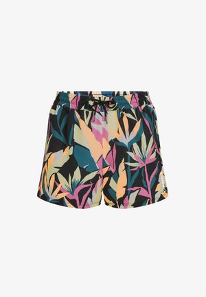 Värvikad ujumispüksid, millel on kogu pinnal lehemuster rohelistes, roosades, oranžides ja mustades toonides, elastse vöökoha ja nööriga.