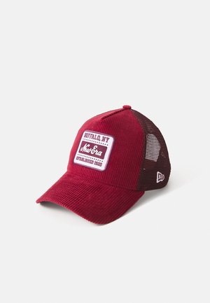 Maroon corduroy baseball cap with mesh side panels, featuring a white patch with "Buffalo, NY" and "New Era" branding.