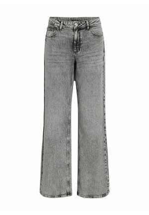 Szare jeansy z wysokim stanem i szerokimi nogawkami, z przodem zapinanym na guzik i suwak, kieszeniami z przodu i z tyłu, przedstawione na białym tle.