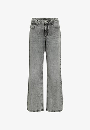 Sivé rifle s vysokým pásom a širokými nohavicami, s predným gombíkom a zipsom, predné a zadné vrecká, zobrazené na bielom pozadí.