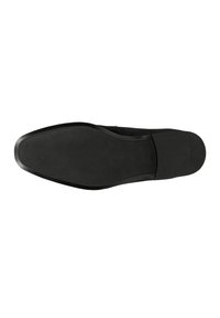 Schwarze formelle Schuhsohle mit glatter Oberfläche und strukturiertem Gummigriff an Ferse und Vorderseite, von unten betrachtet.