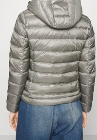 Veste matelassée à capuche gris doux, présentant un design matelassé, une texture lisse et une taille cintrée. Vue de dos avec manches longues et ourlet côtelé.