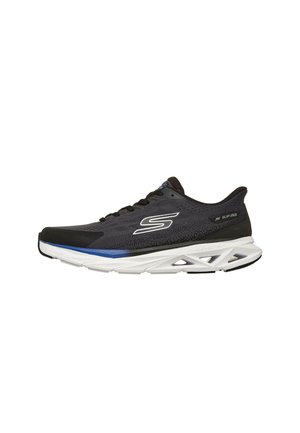 Zapatilla deportiva Skechers negra y azul con suela blanca acolchada y diseño sin cordones, vista lateral.