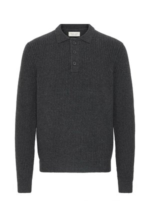 Maglione polo a maglia grigia scura con texture a coste, apertura a tre bottoni e maniche lunghe. Design casual adatto per essere indossato a strati.