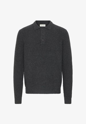 Mörkgrå stickad polo-tröja med ribbad textur, tre-knappsstängning och långa ärmar. Avslappnad design som är lämplig för lagerpålägg.