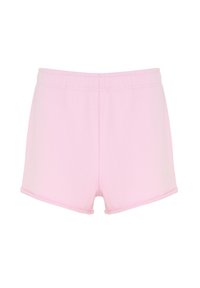 Ljusrosa träningsshorts av mjukt material, med en elastisk midja och en ren, enkel design med sydda fållar.
