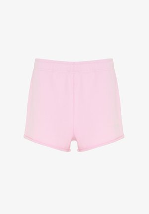 Light pink athletic shorts made of soft fabric, featuring an elastic waistband, and a clean, simple design with stitched hems.