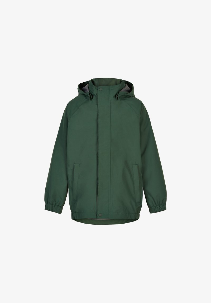 Green waterproof jacket with a hood, elastic cuffs, and two front pockets. Smooth texture and a straight cut design.