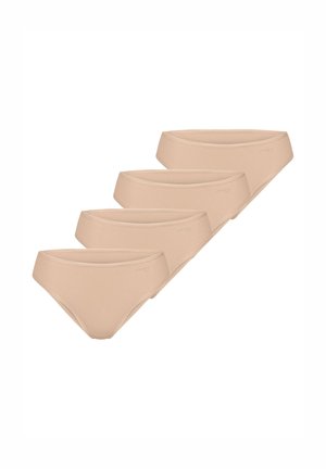 Conjunto de cuatro braguitas hipster beige para mujer, diseño liso, bordes sin costuras, dispuestas en una fila escalonada.