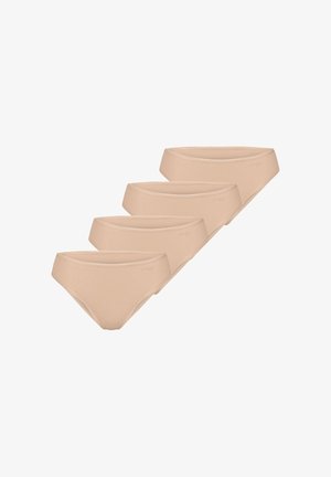 Set van vier beige dames hipster slips, effen ontwerp, naadloze randen, gerangschikt in een afwisselende rij.