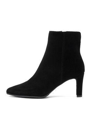 Stivaletti neri in suede alla caviglia con punta affusolata, tacco sottile e design senza giunture, caratterizzati da una texture opaca e senza hardware visibile.