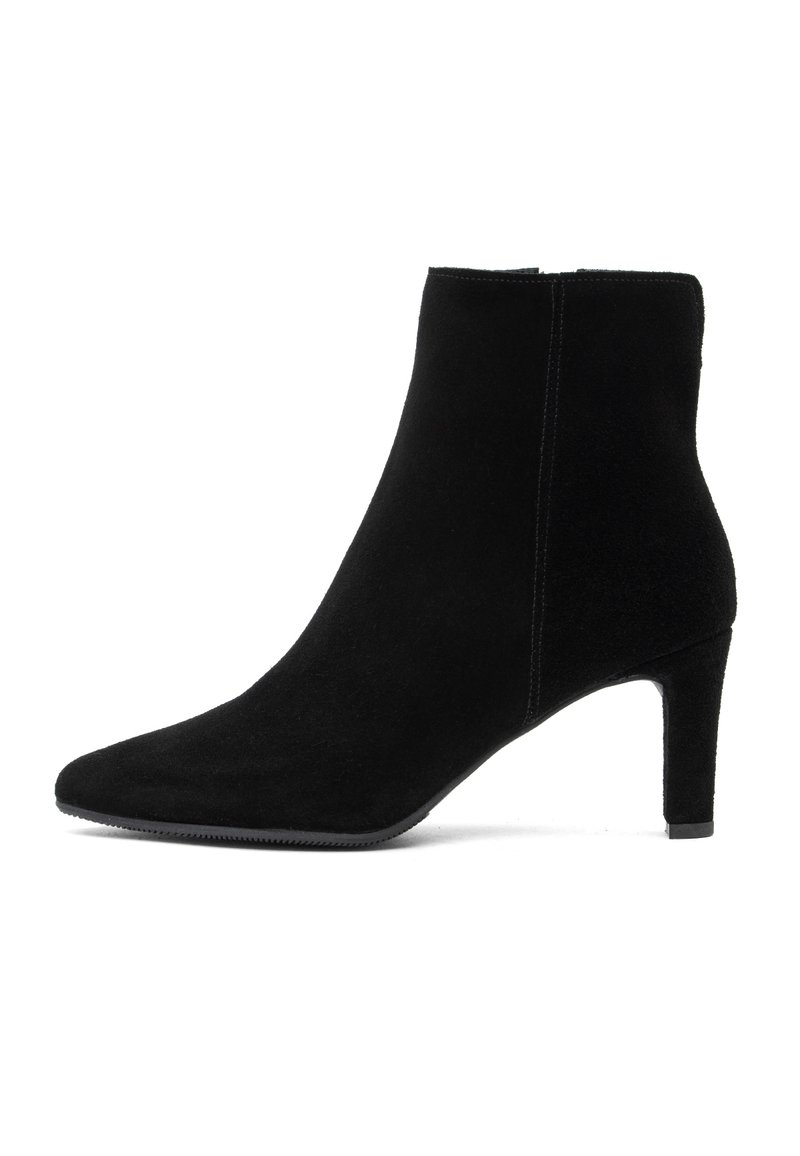 Stivaletti neri in suede alla caviglia con punta affusolata, tacco sottile e design senza giunture, caratterizzati da una texture opaca e senza hardware visibile.