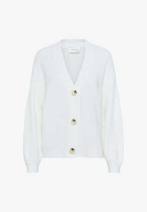 White cardigan with a V-neck, long sleeves, and three large beige buttons down the front. Soft texture and ribbed cuffs.