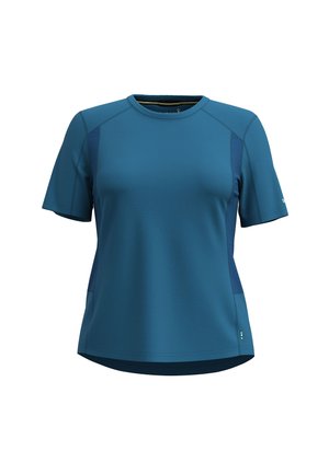 Short-sleeve athletic shirt in teal, featuring contrasting mesh side panels, a crew neckline, and a curved hem for improved fit.
