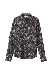Chemise à manches longues en tissu noir ornée d'un motif floral dans des tons de rose et de blanc, dotée d'un devant à boutons et d'un col classique.