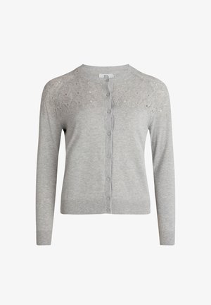 Helehall kardigan, millel on pikad varrukad, esimesed nupud, ümar kaelus ja õlgadel struktureeritud pitsimuster. Silekangast viimistlus.