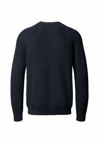 Pull en tricot bleu marine foncé à manches longues avec poignets et ourlet côtelés, vu de dos sur un fond blanc uni.