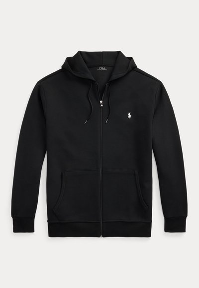 Crna majica s kapuljačom na patent s prednjim džepovima, podesivim vezicama za kapuljaču i malim bijelim logom Polo Ralph Lauren na lijevoj strani prsa.