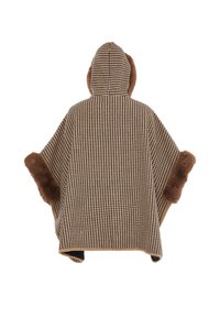 Poncho cu model houndstooth maron și bej, cu glugă, având o margine decorată cu blană artificială maro. Textură moale, design lejer.