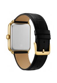 Zlato barvana pravokotna ura s srebrno nerjavnim hrbtom. Ima črn usnjen pašček s teksturirano vzorcem in zlat zaponko.