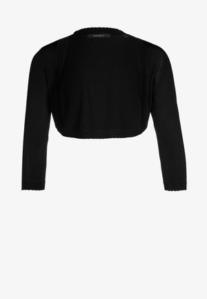 Cárdigan negro corto con mangas largas, textura acanalada, dobladillo con puntas y una etiqueta en la parte posterior. La tela parece suave y ligera.