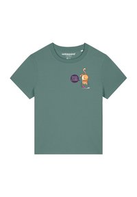 Groene katoen t-shirt met een ronde halslijn. Heeft een cartoonkat in een glas met een tekstballon waarin staat: "Houston, we hebben een probleem."