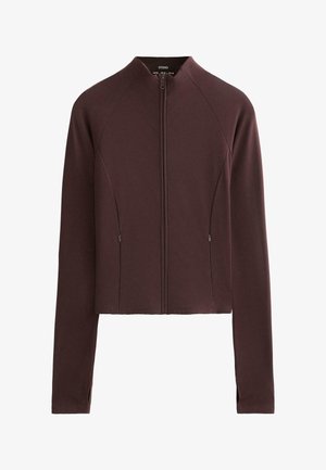 Burgundy zip-up jacka med långa ärmar, gjord av mjukt tyg. Har sidofickor och en hög kragdesign.