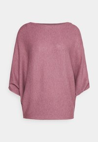 Luźny, ribbed pulower z miękkiego, mauve materiału. Posiada szeroki dekolt i krótkie, luźno opadające rękawy. Elastyczny i lekki fason.